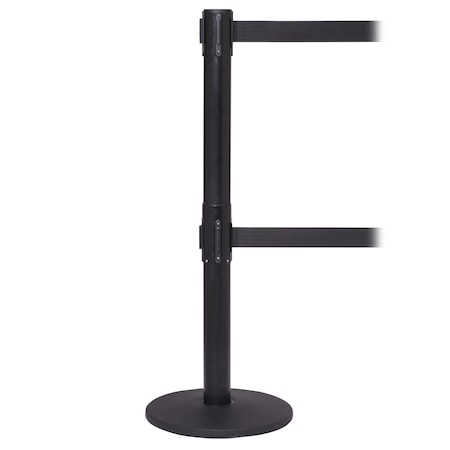 Queue Solutions Retractable Dual Belt Stanchion, Yellow/Black, 11 ft Length, Black PROTwin250B-YBC110